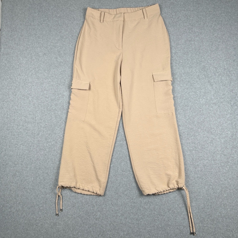 Adrienne Vittadini Pants Womens S Beige High Waist Cargo Pockets Drawstring‎ Hem